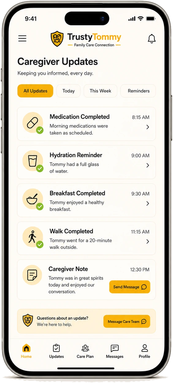 Proposed caregiver view showing approved updates