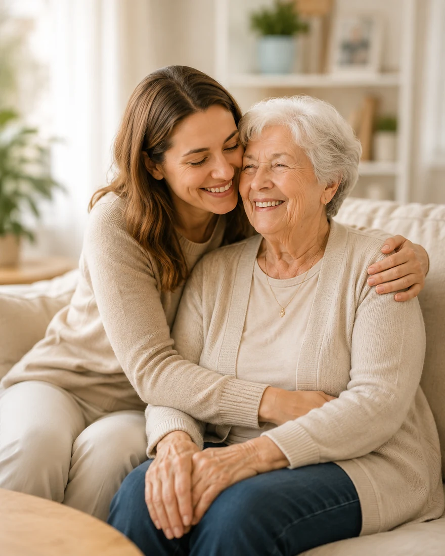 A caregiver and older adult sharing a warm moment at home