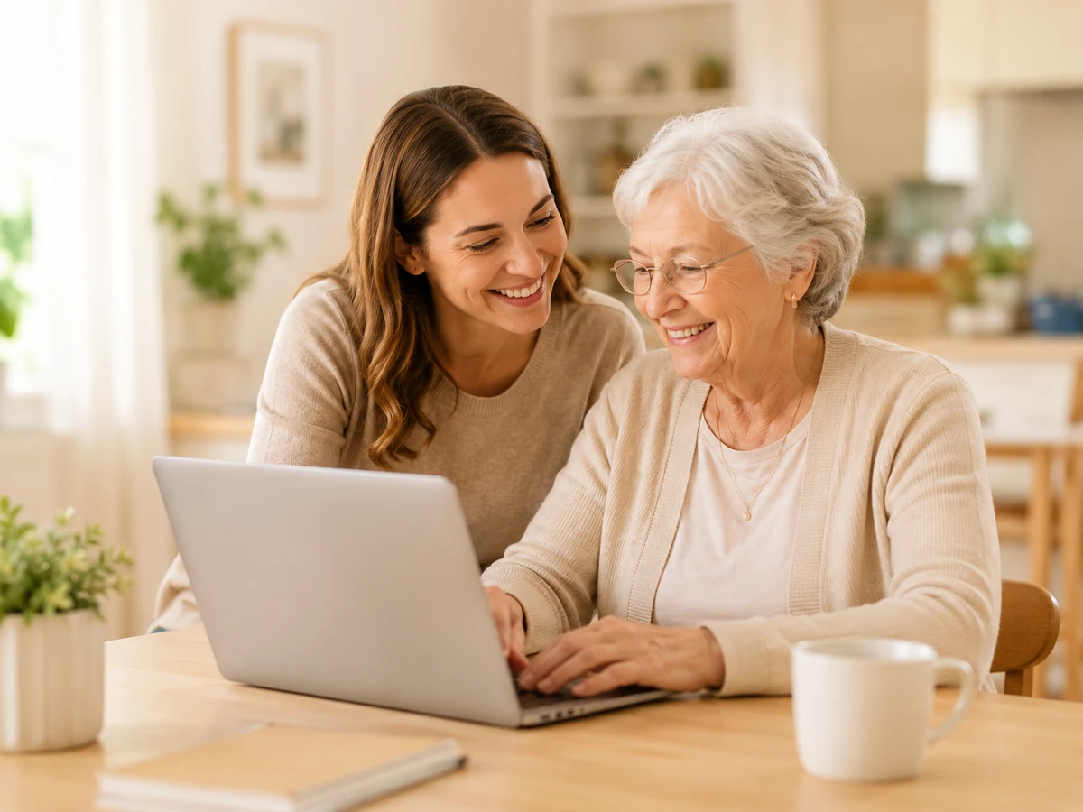 An older adult and caregiver using a laptop together
