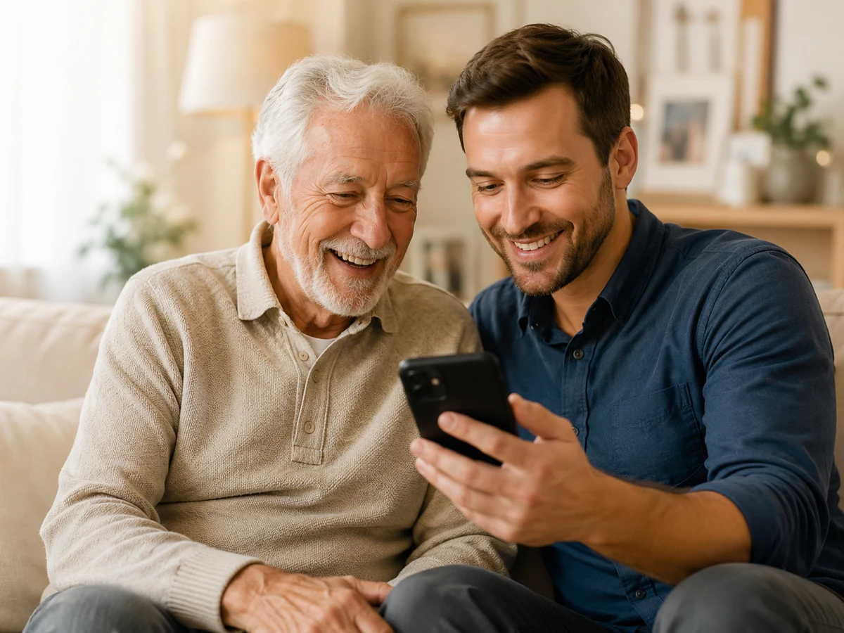 An older adult and family caregiver looking at a phone together