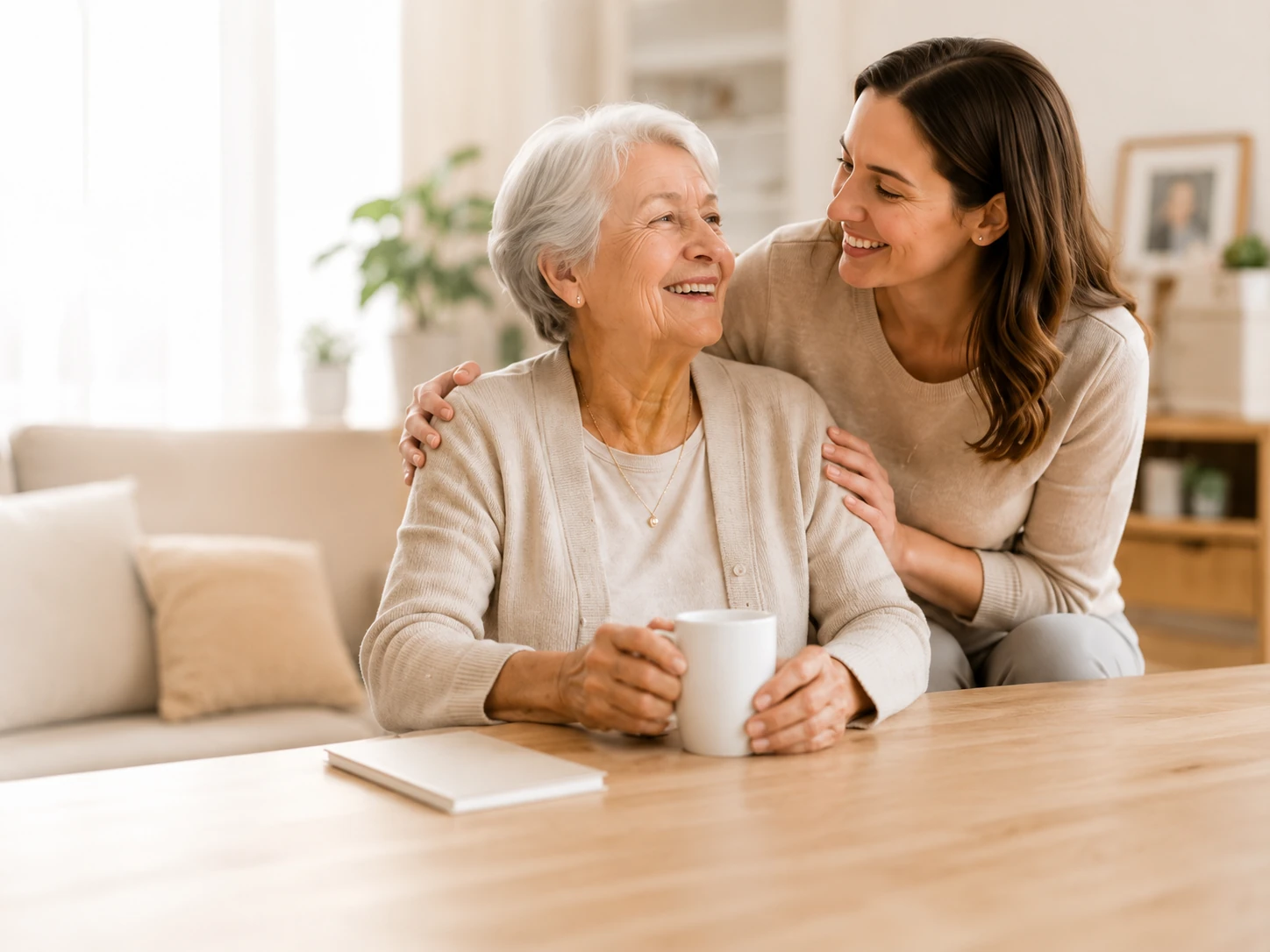 An older adult and a family caregiver smiling together at home