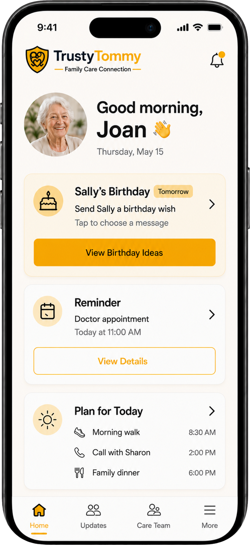 Proposed older-adult view showing reminders and today's plan