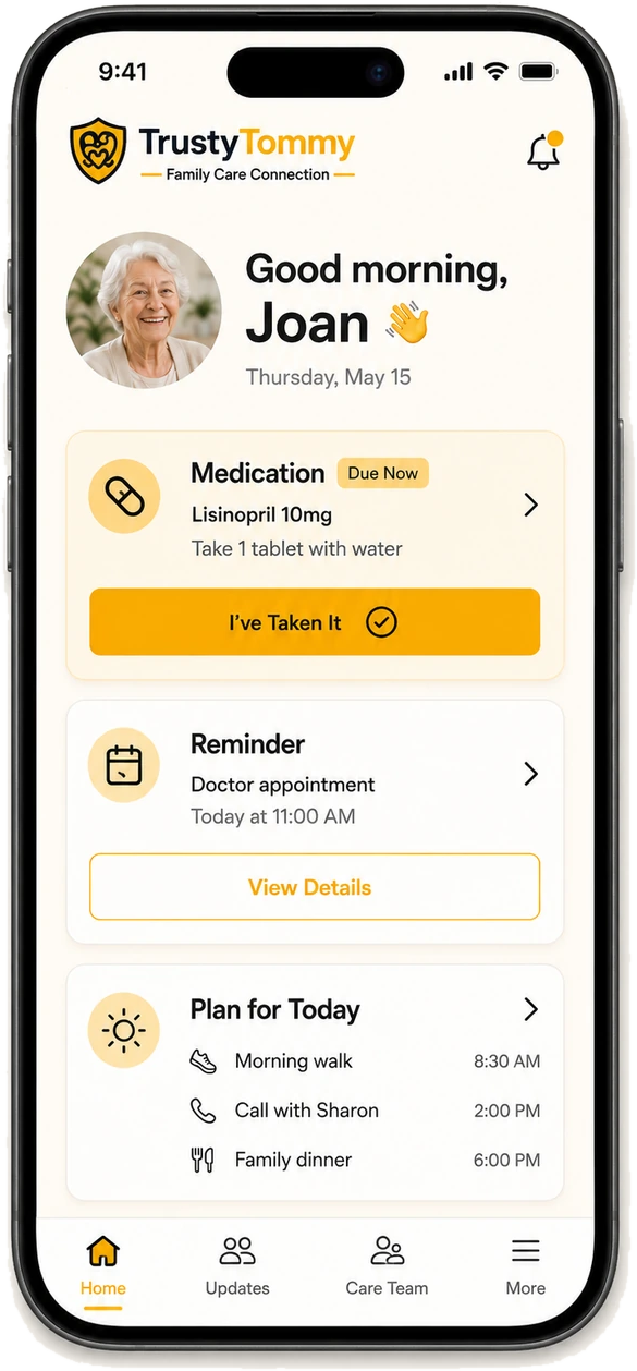 Proposed older-adult view showing reminders and today's plan